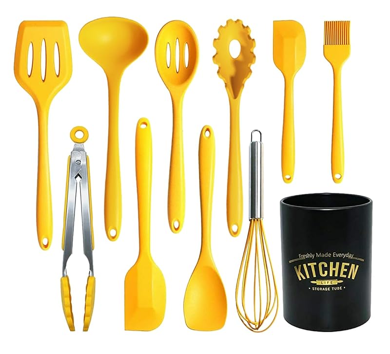Silicone Cooking Utensil Set - 11 Pcs Heat-Resistant Kitchen Tools (Yellow) BPA Free