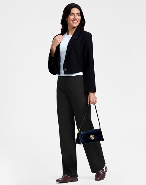 Soothfeel Fleece Lined Pants Women 29"/31"/33" High Waisted Wide Leg Sweatpants with Pocket Winter Warm Work Yoga Dress Pants Black Petite
