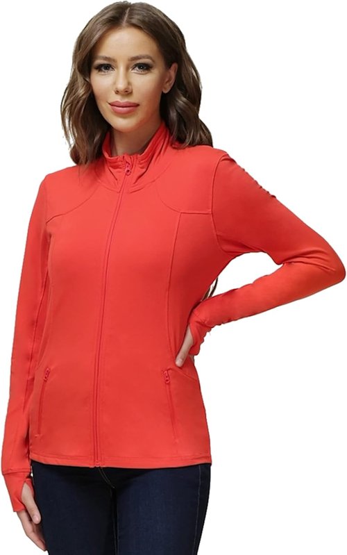Dolcevida Women's Zip Up Running Jacket - Lightweight 4-Way Stretch Full Zip with Thumb Holes & Pockets