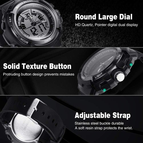 TEKMAGIC 10ATM 100m Outdoor Waterproof Sports Watch for Swimming with Back Light Stopwatch Chronograph Function Support Dual Time Zone (W17-Y)