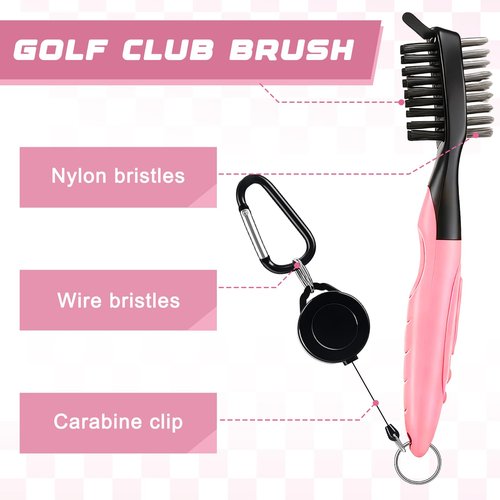 Hillsuren 3 Pcs Pink Golf Towel and Brush Set 2 Pcs Pink and White Checkered Towels with Clip 1 PC Club Brush Microfiber Towels for Golf Bags Accessories Kit