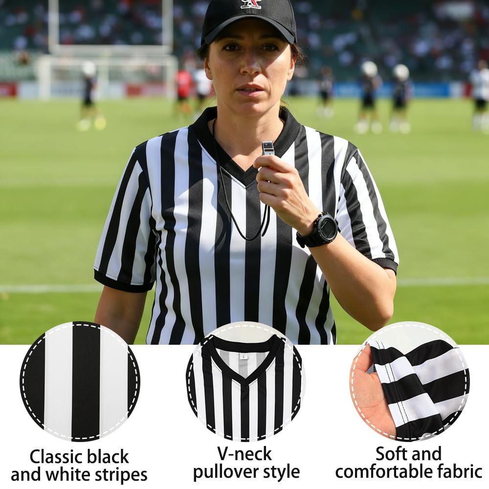 Referee Shirt Referee Costume for Men Women Unisex Black and White Stripe V-Neck Ref Uniform Penalty Flag and Stainless Steel Whistle with Lanyard for Football Soccer Sports Cosplay Outfits (Large)