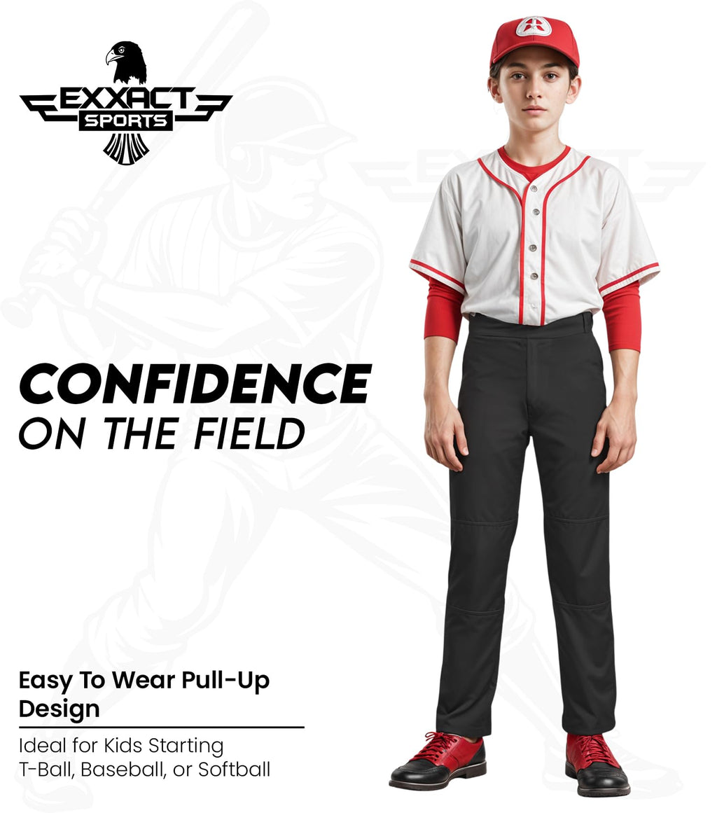 Exxact Sports Pull-Up Youth Baseball Pants with Adjustable Drawstring, Full-Length, No-Fly, Open Bottom Boys Baseball Pants