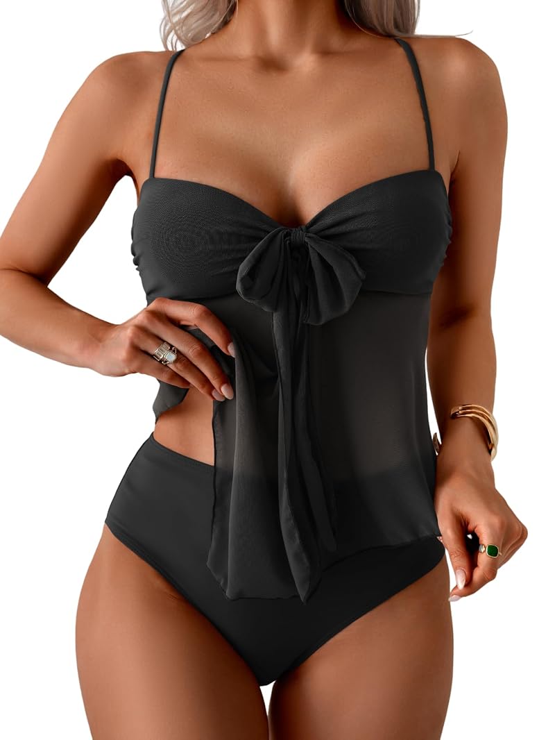 B2prity Women's Tankini Swimsuit with Tummy Control & Mesh Top - Black, Large