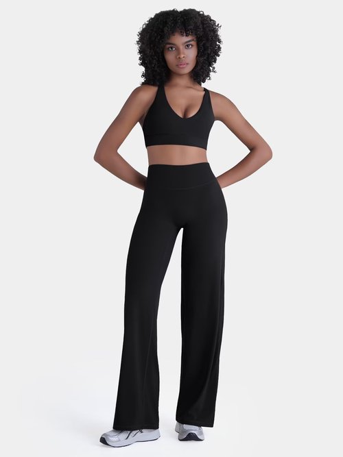 Sunzel Women's Butt Lifting Wide Leg Yoga Pants High Waist Tummy Control No Front Seam Straight Leg Workout Gym Bottoms 33" Black Large