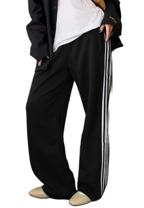 KMBANGI Women Striped Track Pants Elastic Waist Straight Leg Sweatpants Joggers Wide Leg Side Stripes Pants with Pockets(Casual Black,S)