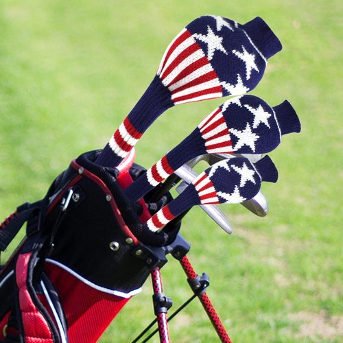 Scott Edward Knitted Golf Club Cover Long Full Coverage Golf Club Cover Set of 3 Fits Well Driver(460cc) Fairway Wood and Hybrid(UT) Golf Club Protector for Male/Female on Blue Star Stripe Style