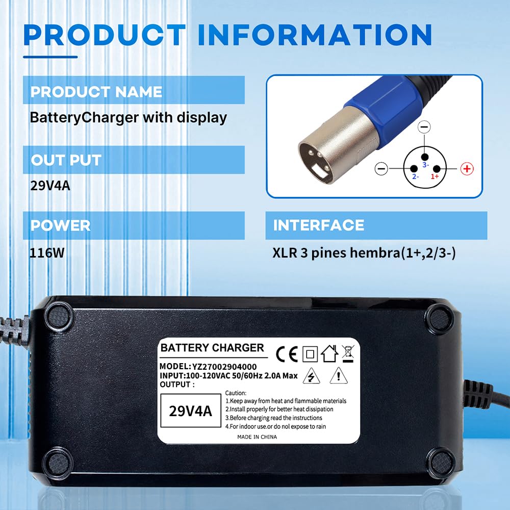 YZPOWER 24V 4A Lead Acid Battery Charger 3-Pin Male XLR Connector for 24 Volt GLE AGM Lead Battery,24v Power Charger Adapter with Display and Built-in Fan