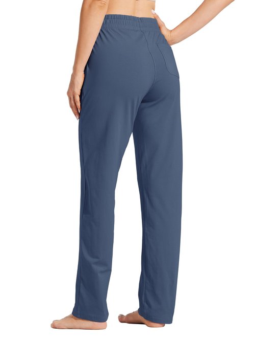 Willit Women's Cotton Sweatpants Yoga Lounge Open Bottom Sports Pants Straight Leg Casual Pants with Pockets Dusty Blue L