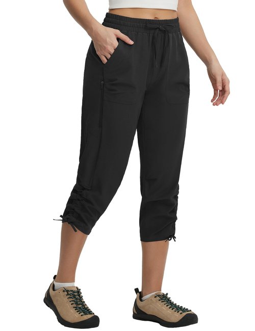 baleaf Women's Capri Pants with Zipper Pockets Lightweight Quick Dry Water Resistant Hiking Travel Capris Pants Elastic Waist Summer Black XL
