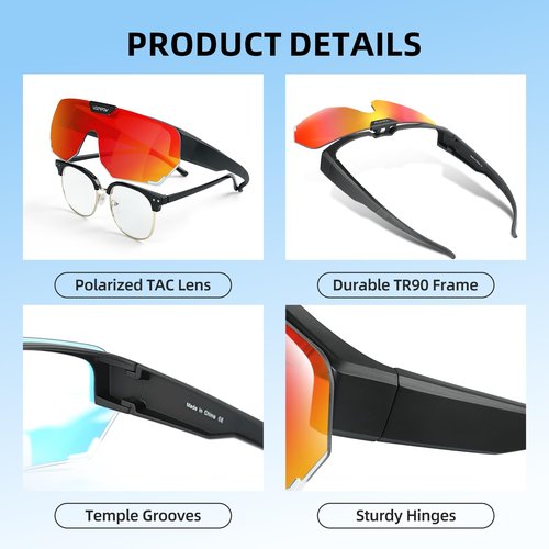 VOZAPOW Polarized Sunglasses over Prescription Glasses Flip up Sports Sunglasses for Men Women Oversized UV Protection Shades
