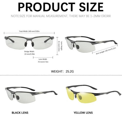 KISSOUL Photochromic Sports Polarized Sunglasses Al-MgAlloy Frame Outdoor sunglasses For Men Women Day & Night Driving Glasses