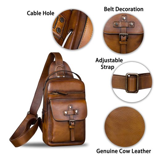 IVTG Genuine Leather Sling Bag Chest Shoulder Fanny Bag Hiking Backpack Vintage Handmade Crossbody Daypack (Brown)