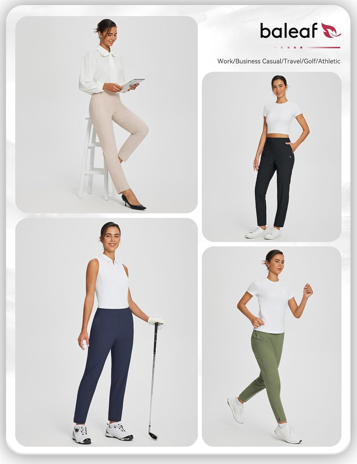 Baleaf Women's Stretch Travel Pants - Dressy Slacks with Zipper Pockets for Work & Golf | Casual Comfort