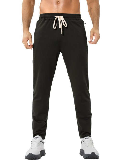 PLEPAN Mens Jogger Sweatpants Slim Fit Workout Pants for Gym Bodybuilding Training with Zipper Pockets Black L