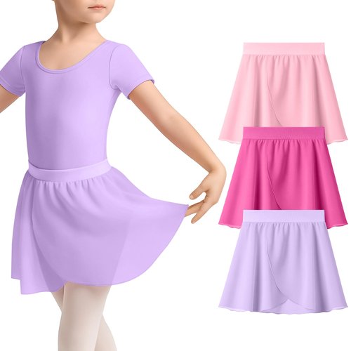 LessonZoo 3 Pack Girls Ballet Skirts for 2-12y Toddler Dance Skirt Ballet Chiffon Skirt with Elastic Waist Practice Dancewear(Light Purple,Rose Red, Light Pink,6-8 Years)