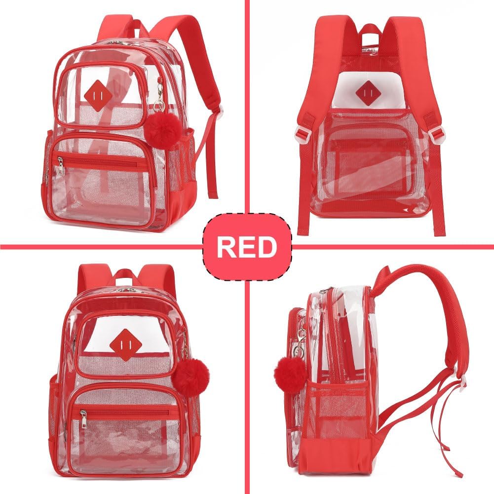 Skiennix Heavy Duty Clear Backpack - Durable Transparent School Bookbag for Kids | Red Color