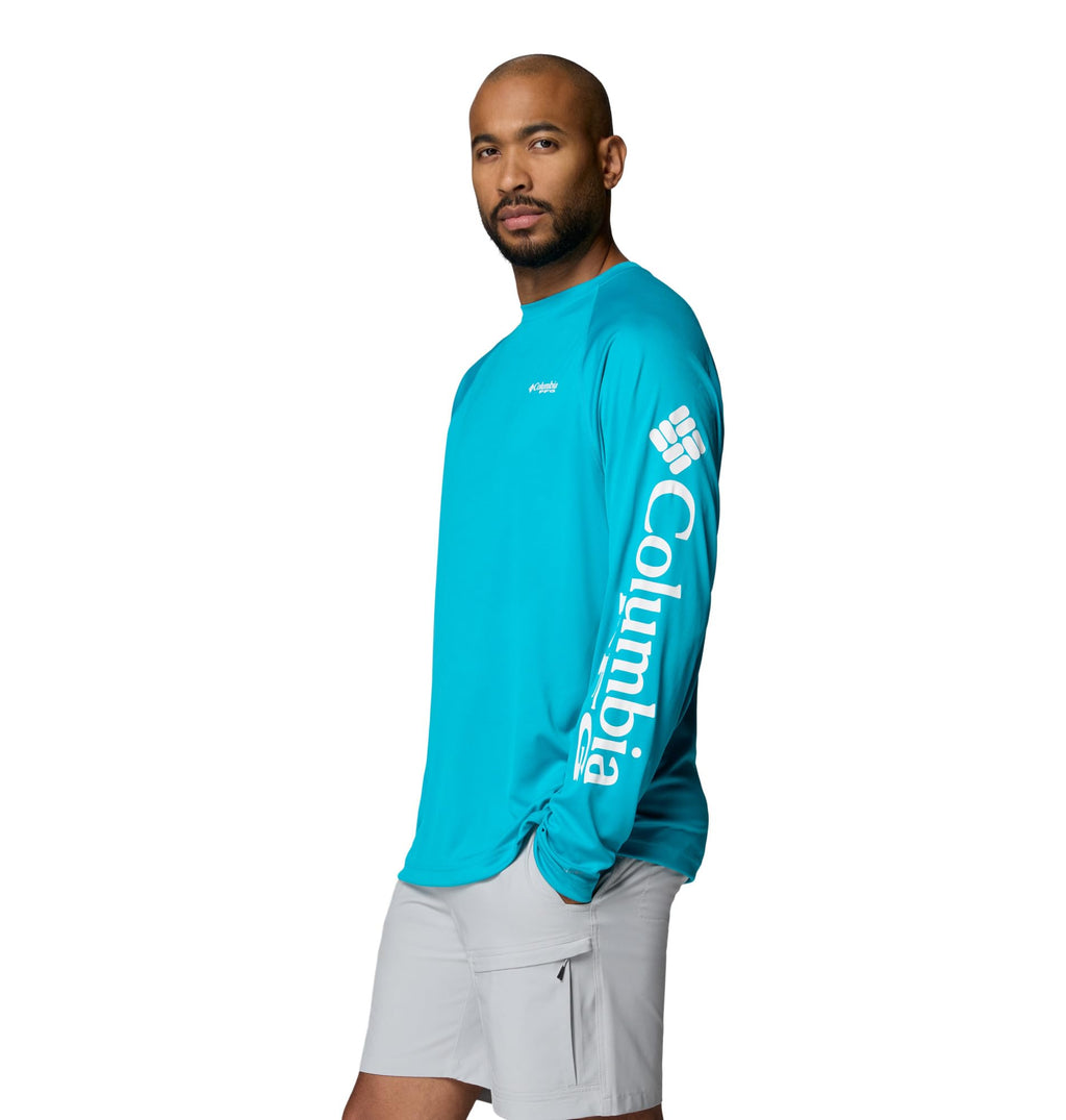 Columbia Men's PFG Terminal Tackle Long Sleeve Fishing Shirt, Ocean Teal/White Logo, 6X
