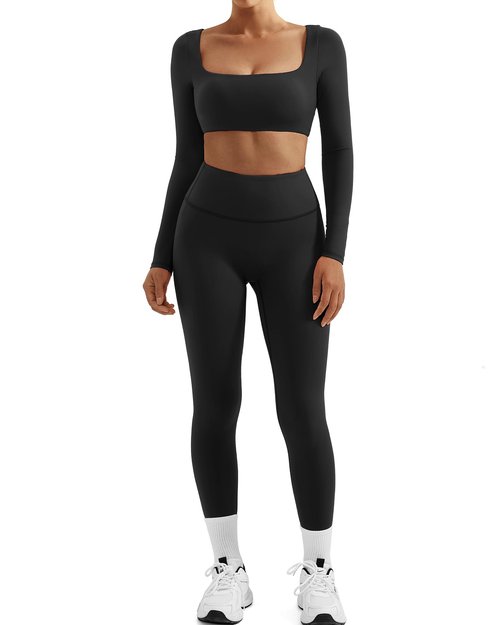 SUUKSESS Women 2 Piece Workout Sets Compression Yoga Pants with Pockets Long Sleeve Square Neck Padded Sports Bra Tummy Control Leggings (Black, M)