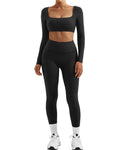 SUUKSESS Women 2 Piece Workout Sets Compression Yoga Pants with Pockets Long Sleeve Square Neck Padded Sports Bra Tummy Control Leggings (Black, M)