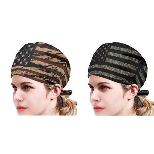 Babrukda 2 Pack Skull Hats for Women Men Scrub Cap with Sweatband Adjustable Tie Back Hats Head Hair Cover Coat American Flag Beanie with Knot Headgear for Outdoor Indoor