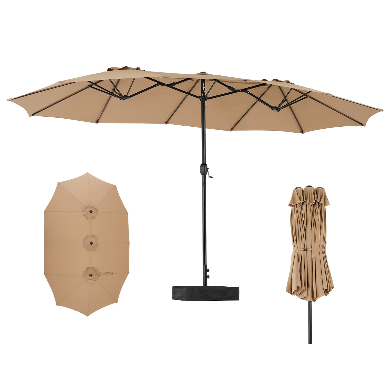 DUMOS 15FT Extra Large Patio Umbrella with Base Included, Rectangle Table Umbrella Outdoor Patio, 12 Sturdy Ribs Triple Head Canopy Outside Umbrellas for Deck, Market, Backyard and Poolside, Khaki