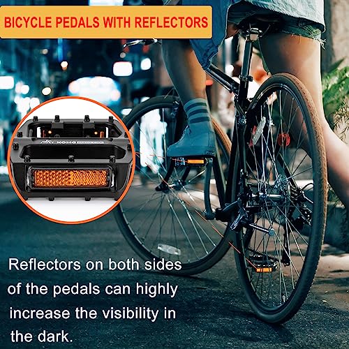 Black Mountain Bike Pedals 9/16 Inch Aluminum Flat Pedals with Reflectors - Wide Platform