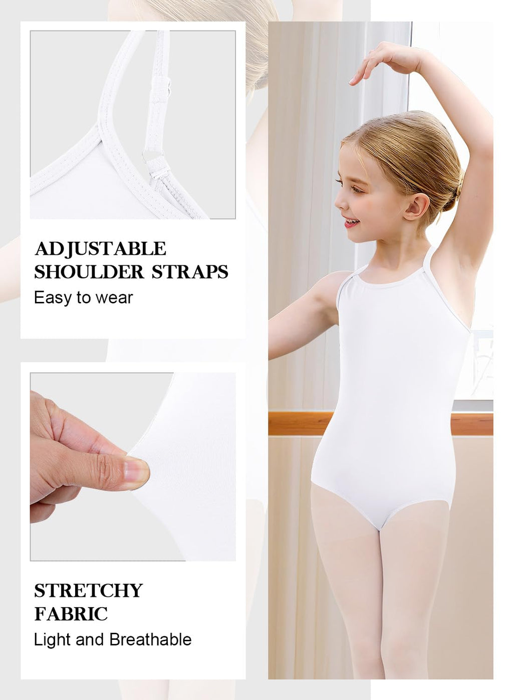 XiaoMoSha Girls Seamless Camisole Undergarment Leotard White Bodysuits for Ballet Dance Gymnastics Size 3-14 Years Old,White,110(3-4Y)