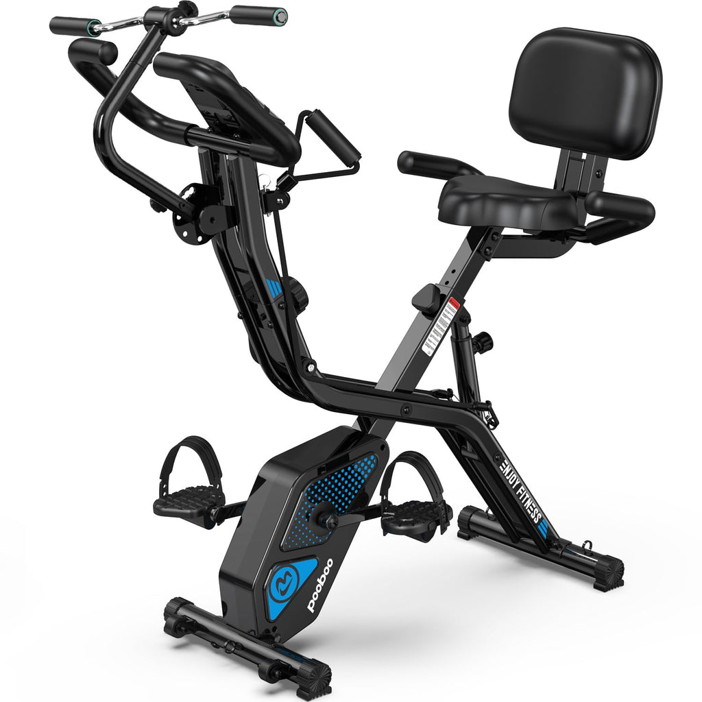 pooboo Folding Exercise Bike, Foldable Upright Stationary Bike, Indoor Cycling Magnetic X-Bike with 8-Level Adjustable Resistance, 6.6 LBS Flywheel, 300LB Capacity, Back Support Cushion for Home Gym