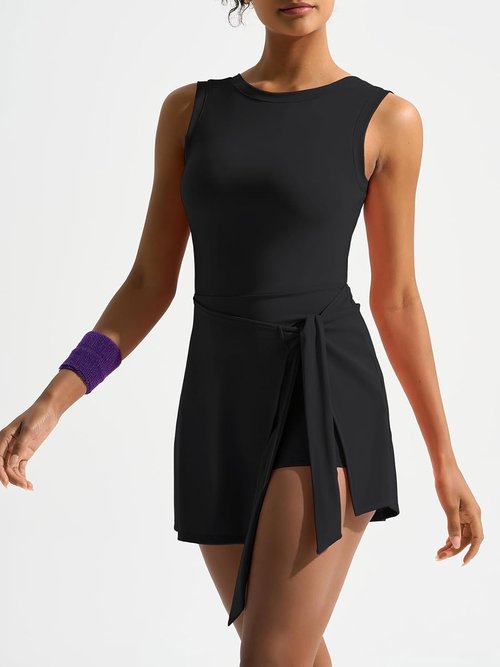 Dokuritu Tennis Dress for Women - Sleeveless Crew Neck with Built-In Shorts | Athletic U-Shaped Back