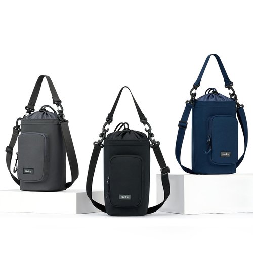 HanTrip Insulated Water Bottle Carrier Bag with Strap Phone Pocket for 25/32/40/64 oz Tumbler Cup, Water Bottle Holder Crossbody Shoulder Sling Bag for Walking Hiking Gym Travel (Navy Blue)