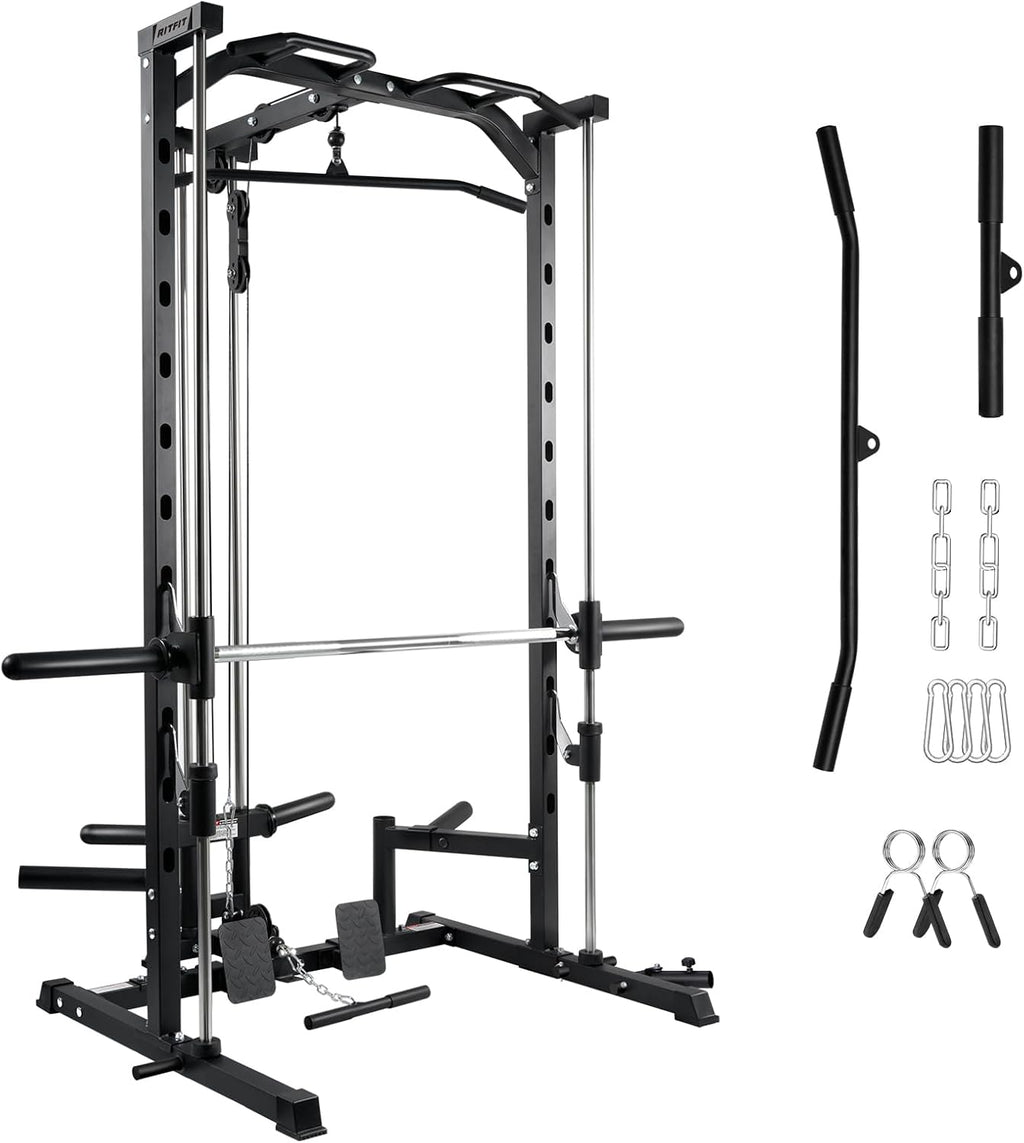 RitFit Smith Machine Power Rack - Versatile LAT Pull Down System & Barbell Training Attachments