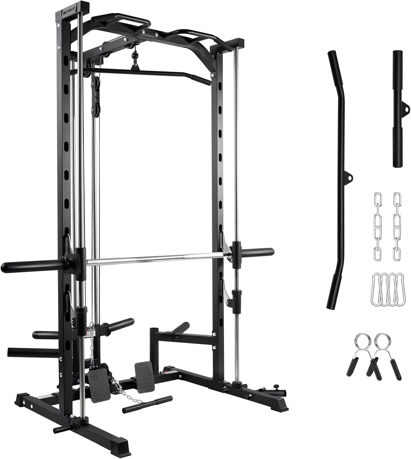 RitFit Smith Machine Power Rack - Versatile LAT Pull Down System & Barbell Training Attachments