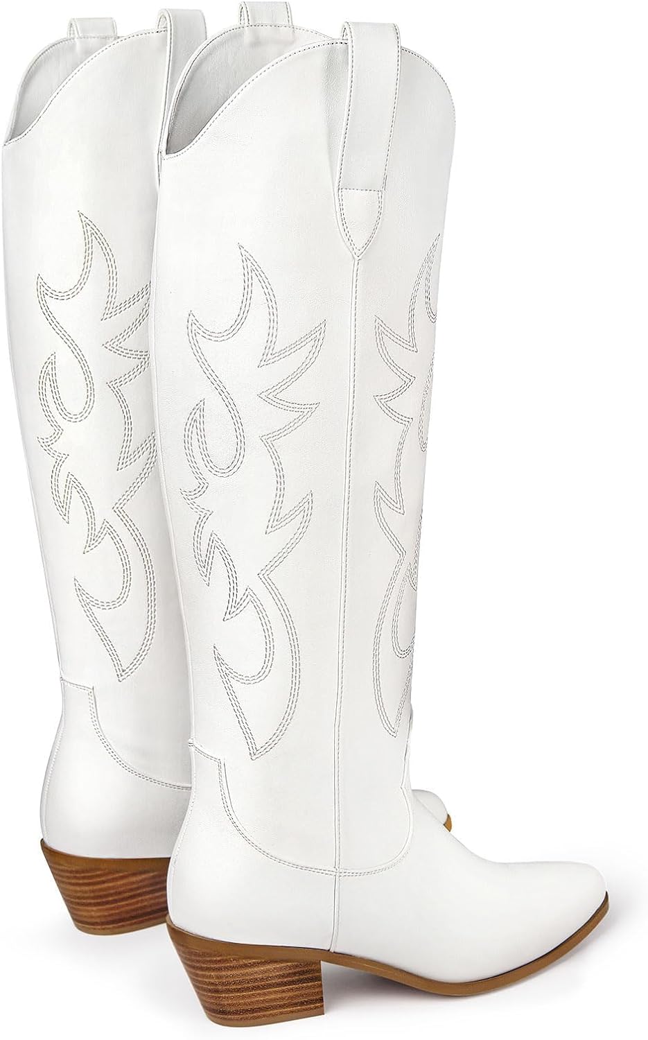 Ouepiano White Cowgirl Boots - Women's Knee High Cowboy Boots with Chunky Heel & Pointed Toe