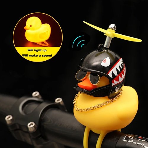 2 Pack Rubber Duck Car Ornaments, Yellow Duck Car Dashboard Decorations Squeeze Duck Bicycle Horns with Propeller Helmet,Bandage and Gold Chain (Bee&Shark)
