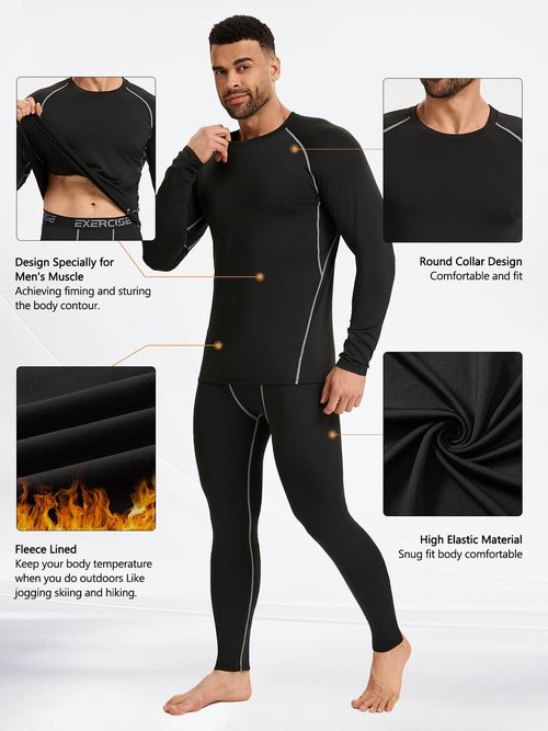 Celfaeree 2 Packs Compression Set Men Thermal Underwear for Men Long Johns for Mens Thermals Top and Bottom Set Black/Gray XL