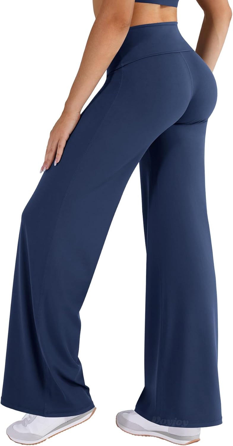 VOYJOY Women's Fold Over Straight Leggings - No Front Seam, Mid Low Waist, 31.5" Stretch Yoga Pants