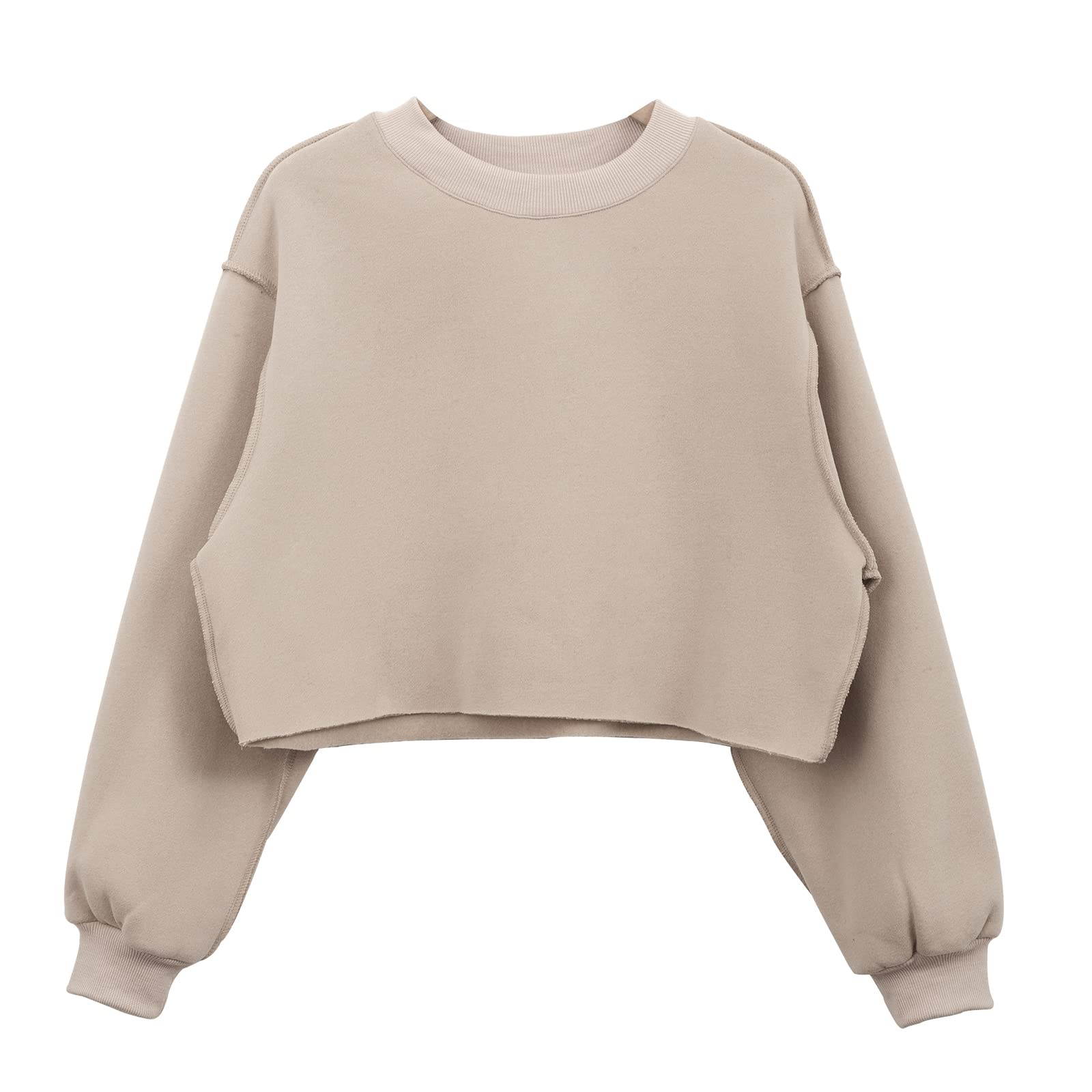 Amazhiyu Women Cropped Sweatshirt Long Sleeves Pullover Fleece Crop Tops Apricot, Large
