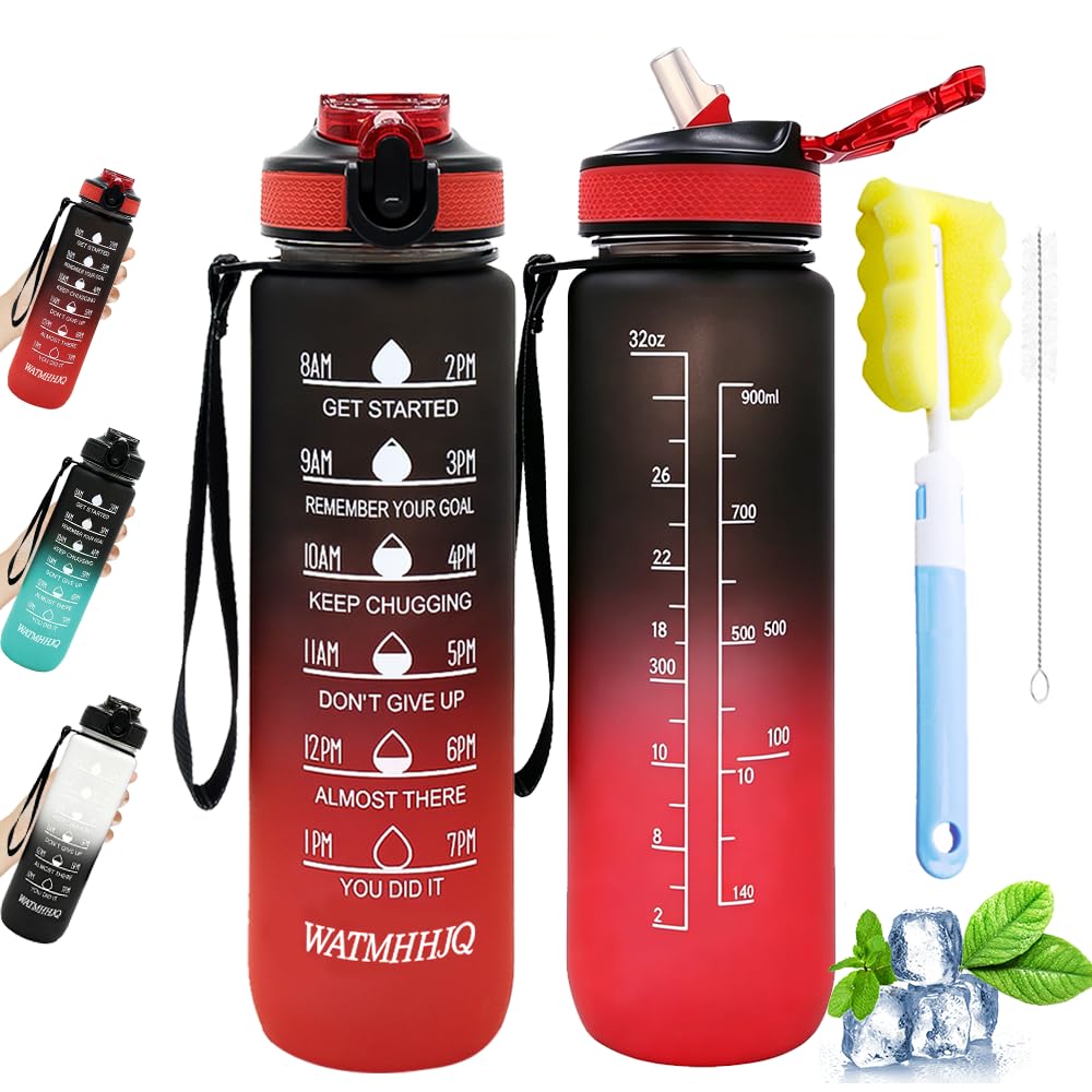 WATMHHJQ 32oz Sports Water Bottle Outdoor, with Drinking Time and Capacity Labels, Sport Water Cups with Straw,BPA Free Leak Proof,for Fitness Gym Running Climbing (Black red)