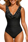 Holipick Women Black One Piece Swimsuits Tummy Control Bathing Suit Ruffle V Neck Swimwear Slimming for Teen Girls Medium