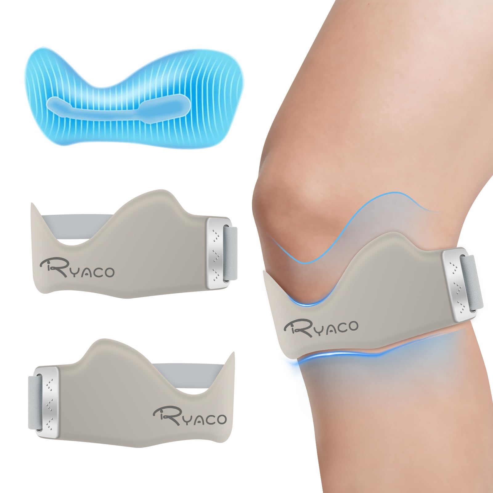 RYACO Patellar Tendon Support Strap 2 Pack, Silicone Patella Band for Knee Pain Relief, Adjustable Knee Brace for Women Men, Non-Slip Knee Support Knee Bands for Basketball Tendonitis Running Soccer Gym