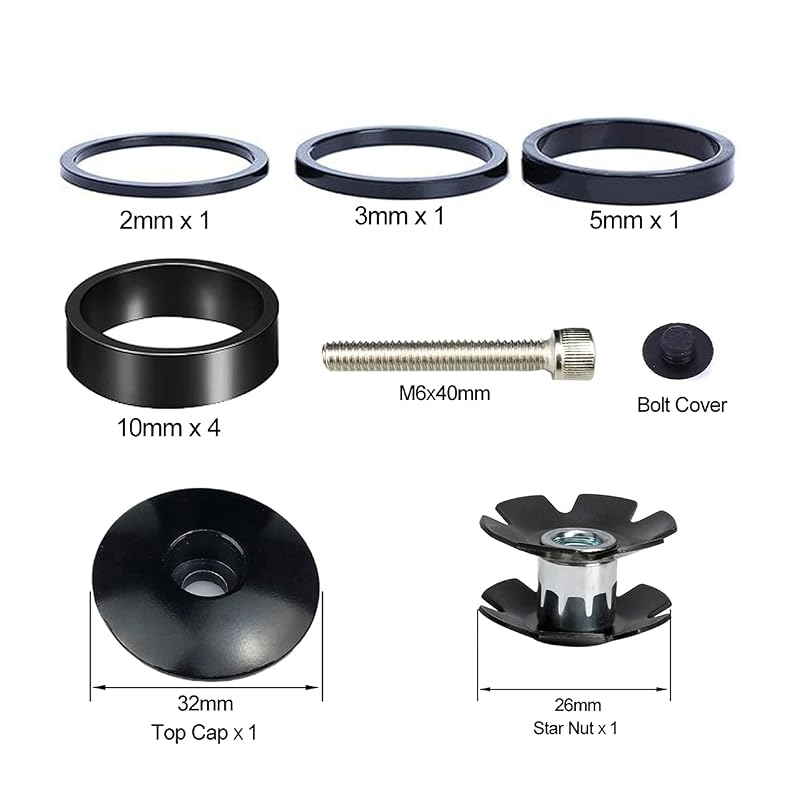 1-1/8 Inch Aluminium Bicycle Headset Spacer with Stem Top Cap, Includes Star Nut (Black) - 7 Pieces