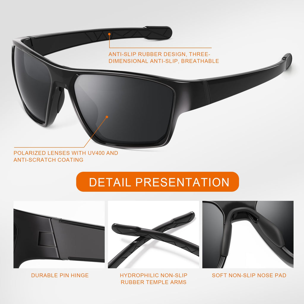 suoso Sports Polarized Sunglasses for Men: TR90 UV400 Protection Sun Glasses Womens Wrap Around Goggles for Drving Fishing Black