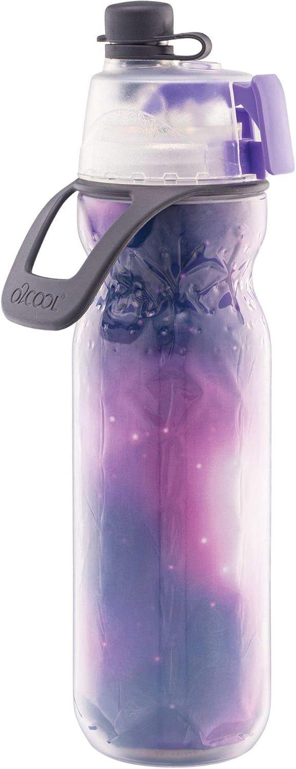 O2COOL Misting Water Bottle - 2-in-1 Mist & Sip Function, No Leak Pull Top Spout - 20 oz Tie Dye/Celestial Purple