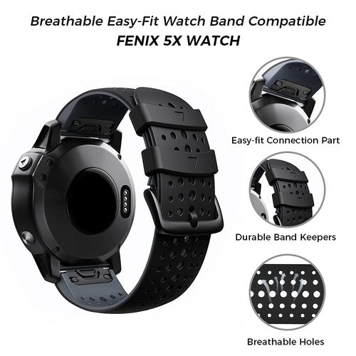 ANCOOL Compatible with Garmin Fenix 5X/6X/7X Band, 26mm Easy-fit Soft Watch Band Replacement for Fenix 5X Plus/Fenix 6X/Fenix 6X Pro/Tactix Charlie/Descent MK2 (Black/Grey)
