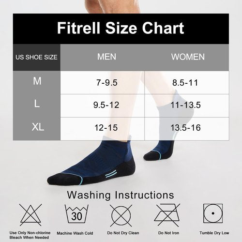 FITRELL 6 Pack Ankle Running Socks for Men and Women Low Cut Cushioned No Show Athletic Sports Compression, Shoe Size 12-15, Navy Black