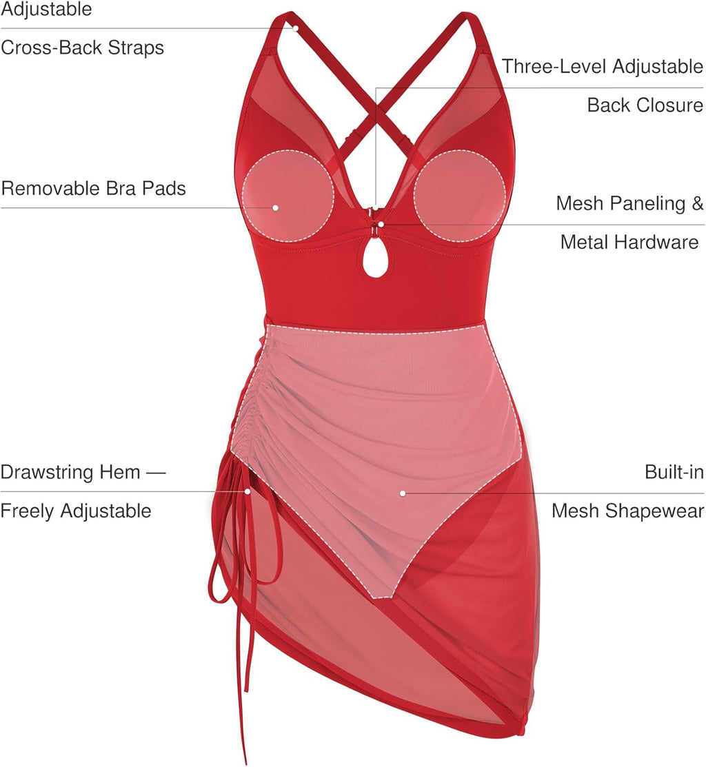 Popilush One-Piece Swim Dress for Women - Tummy Control & Slimming Mesh Sheer Wraps