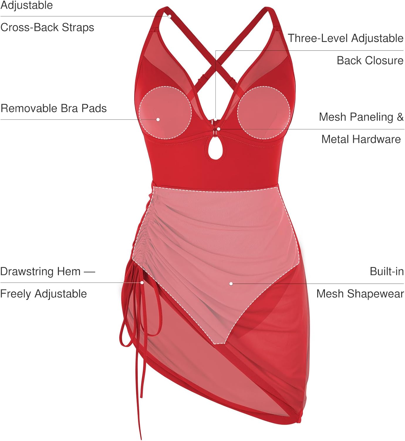 Popilush One-Piece Swim Dress for Women - Tummy Control & Slimming Mesh Sheer Wraps