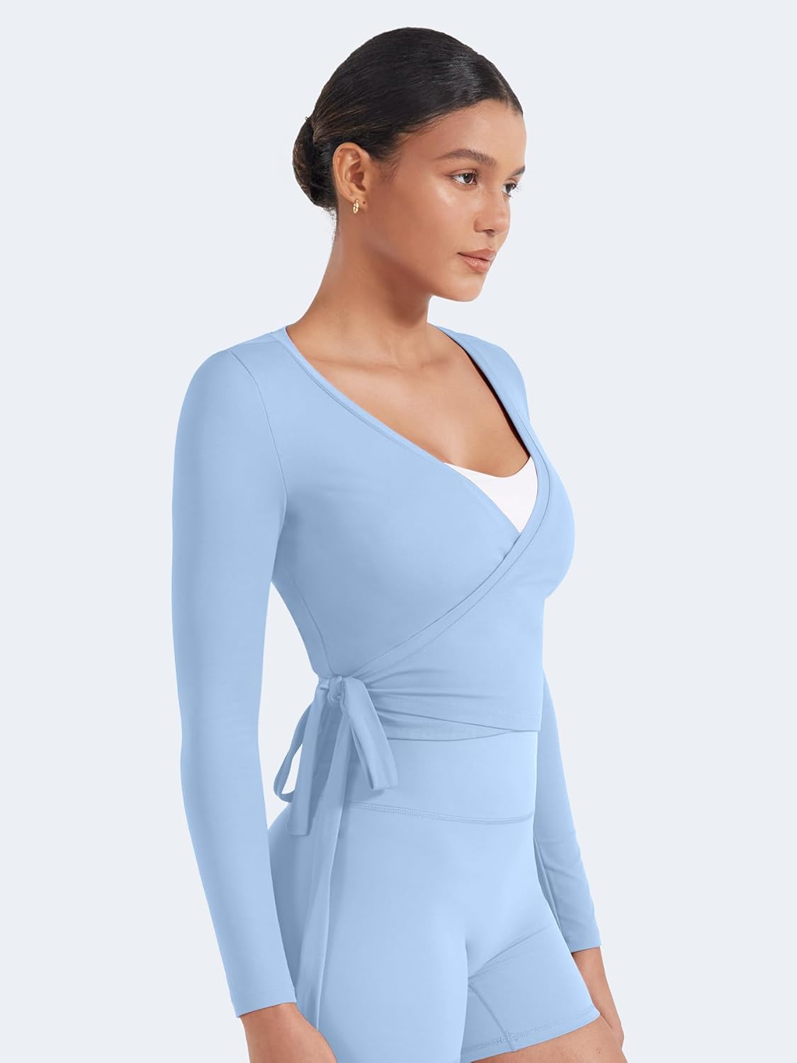 YEOREO Women's Pilates Wrap Top - Long Sleeve Tie Ballet Yoga Shirt | V-Neck Cropped Design