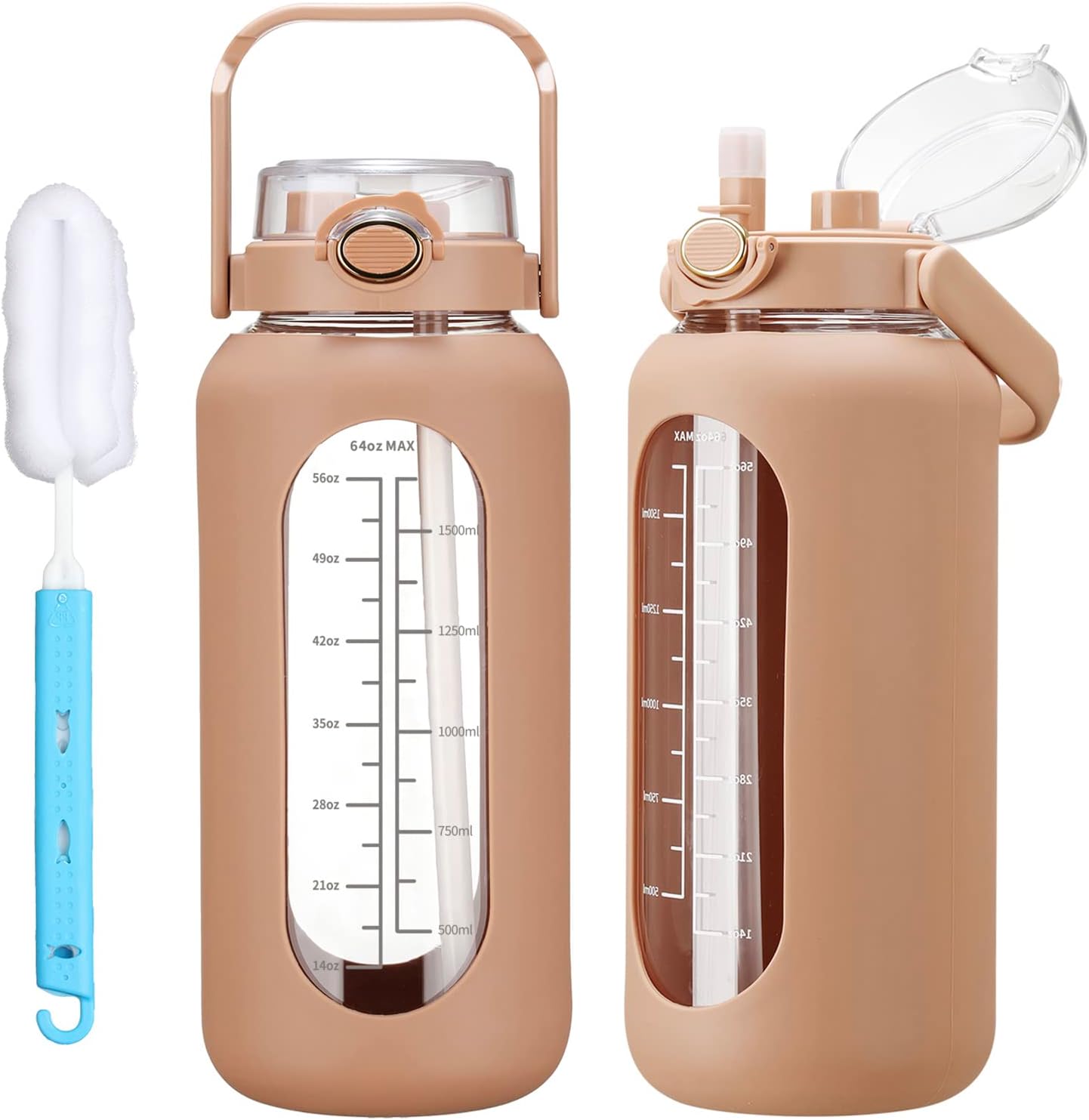 Skiennix Half Gallon Glass Water Bottle - 42oz/52oz/64oz with Straw, Time Marker & Silicone Sleeve for Gym